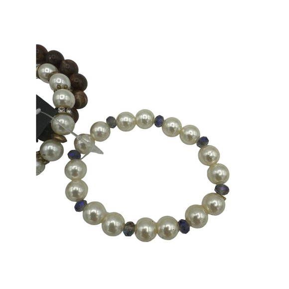 3 pack Beaded Stretch Bracelets Pearl and Brown Heart Charm - Picture 5 of 8